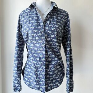 J Crew Perfect Fit Button Up Shirt 4Tall Blue Elephant Print Cotton Classic